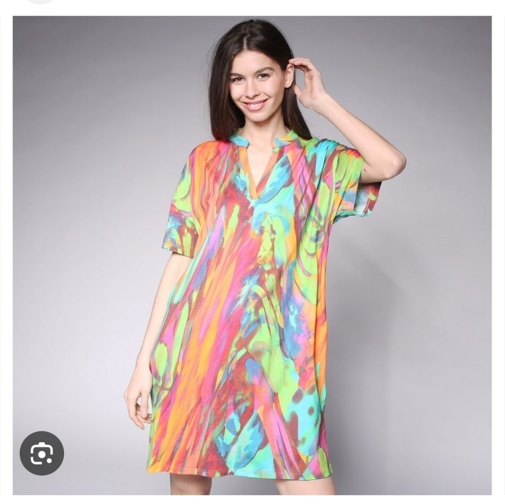 NATORI | Paradise Cotton Dress Split Crewneck Watercolor Sz LARGE